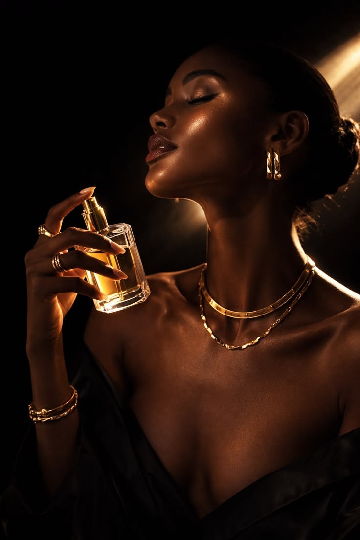 A woman applying Fyre Fragrances perfume — illuminated in golden light
